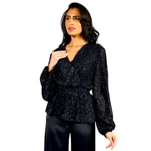 Frank Lyman Montreal black animal print surplice neck cinched waist size 6 Med.